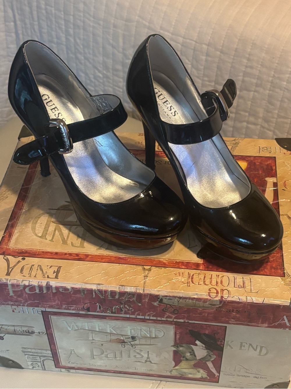Guess Black Patent Mary Jane Platform Heels with Buckle